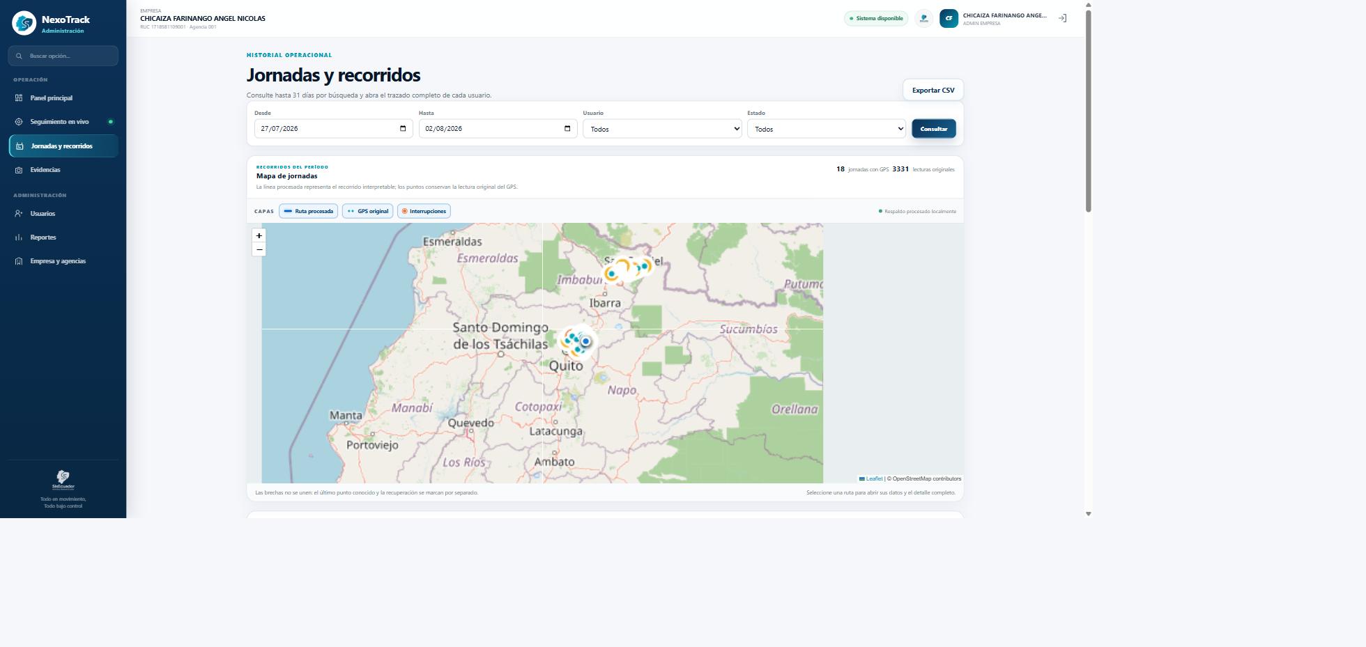 Jornadas y recorridos NexoTrack