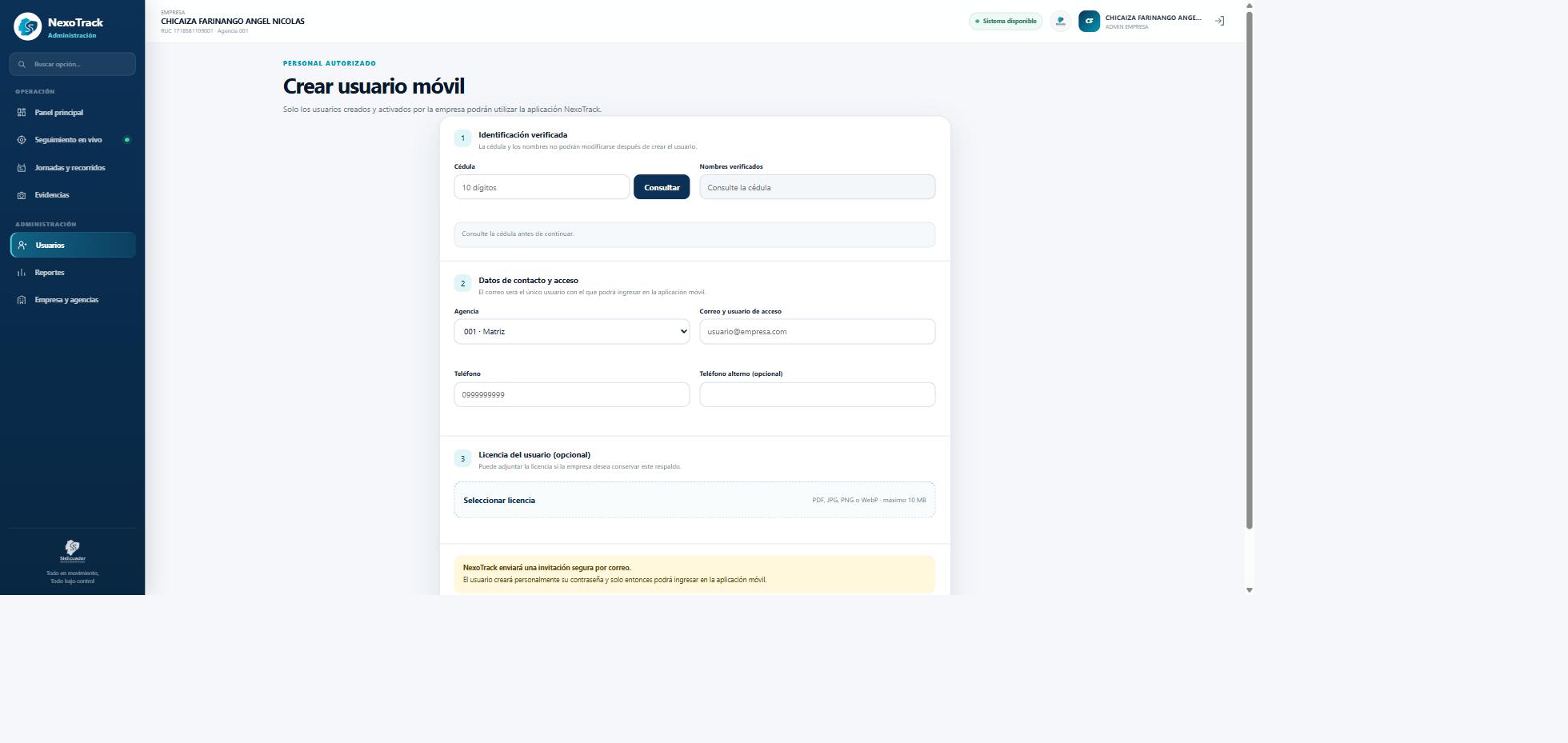 Crear operador movil NexoTrack