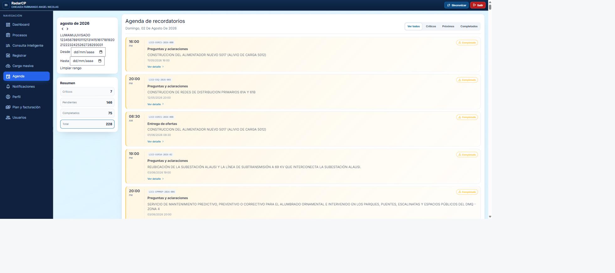 Agenda de recordatorios RadarCP Compras Publicas Ecuador