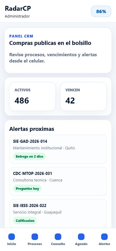 Aplicativo movil RadarCP Compras Publicas Ecuador con alertas de procesos